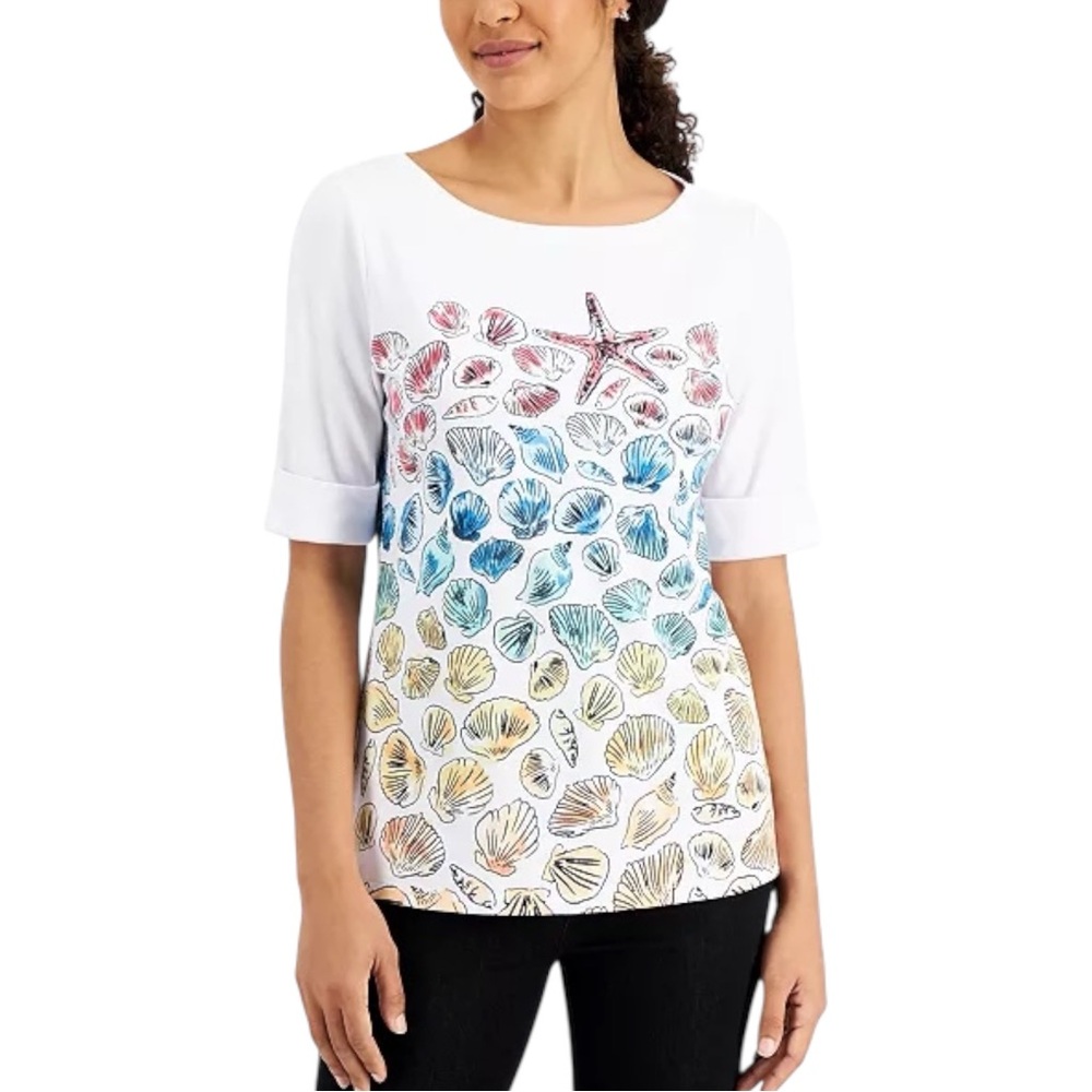 Karen Scott White and Multicolor Seashell-Print Elbow-Sleeve T-Shirt Top